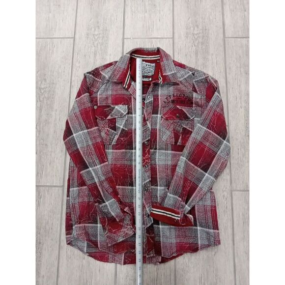 Affliction motorcycles The Buckle Embroidered Snap Up Shirt Mens L red gray blk - Picture 3 of 5